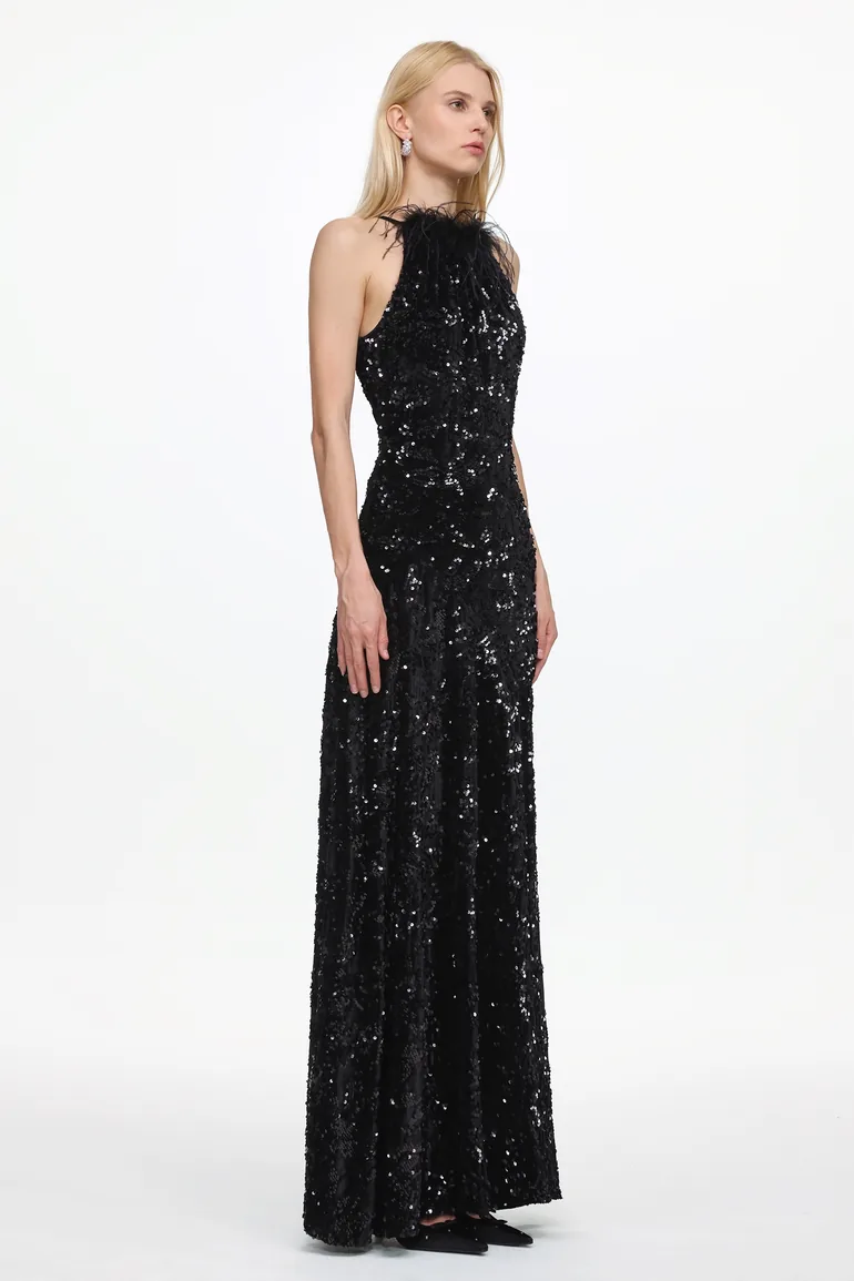 Glamorous Contour Sleeveless Feather Sequin High Slit Velvet Maxi Dress - 2