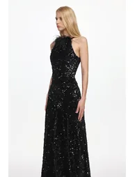 Glamorous Contour Sleeveless Feather Sequin High Slit Velvet Maxi Dress - 3