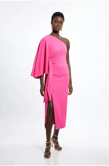Tall Compact Stretch Viscose Drape Sleeve One Shoulder Tailored Midaxi Dress