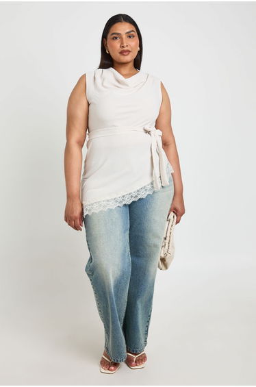 Plus Cowl Neck Tie Waist Lace Hem Asymmetric Top - ivory