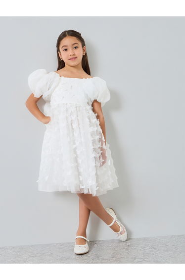 Girls White Organza Puff Sleeve Butterfly Detail Dress