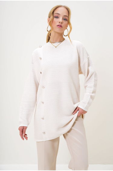 Women's Ecru Crew Neck Gold Button Detailed Knit Sweater Tunic