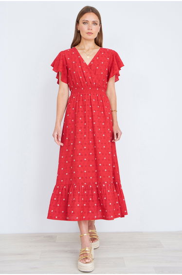 Yumi Red Broderie Anglaise Wrap Midi Dress With Flower Embroidery