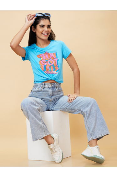 Slogan Print Round Neck Cotton T-Shirt