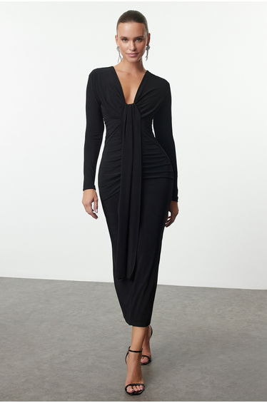 Black Bodycon V Neck Draped Knit Dress
