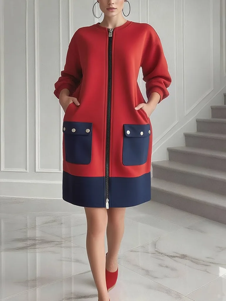 Long Sleeves Loose Contrast Color Pockets Split-Joint Zipper Round-Neck Jacket