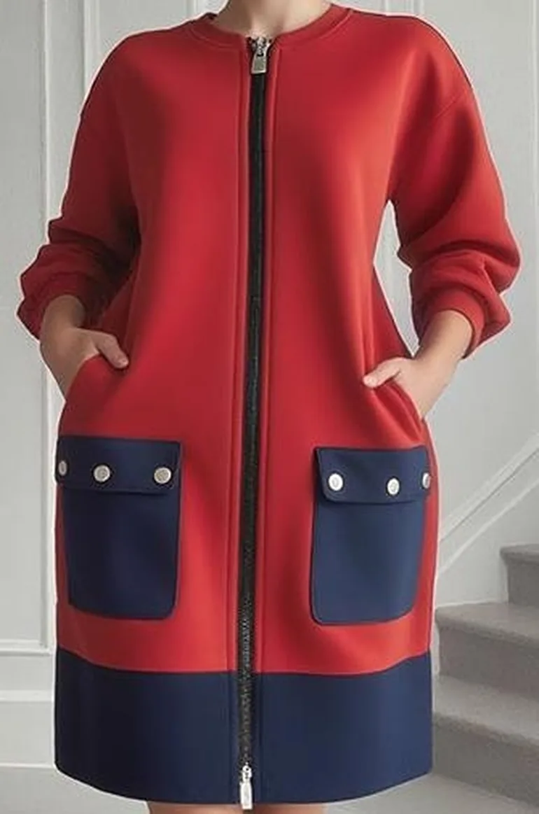 Long Sleeves Loose Contrast Color Pockets Split-Joint Zipper Round-Neck Jacket - 1