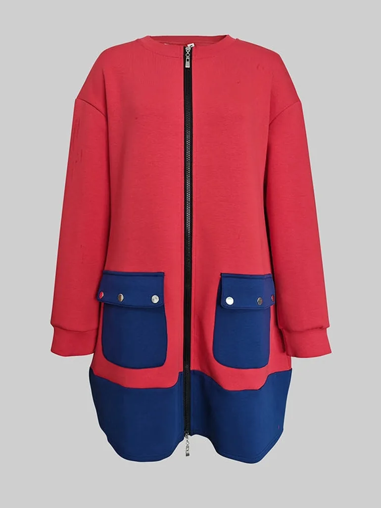 Long Sleeves Loose Contrast Color Pockets Split-Joint Zipper Round-Neck Jacket - 4