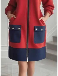 Long Sleeves Loose Contrast Color Pockets Split-Joint Zipper Round-Neck Jacket - 3