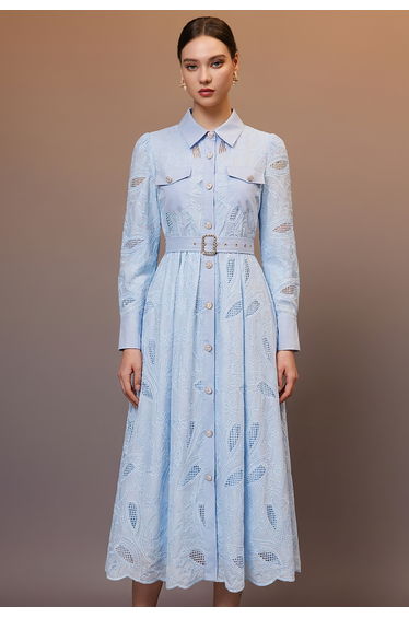 Floral Leaf Cutwork Embroidered Belted Shirt Dress in Blue for Garden Parties & Brunch Gatherings
