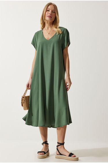 Women's Khaki V Neck Summer Flowy Viscose Dress