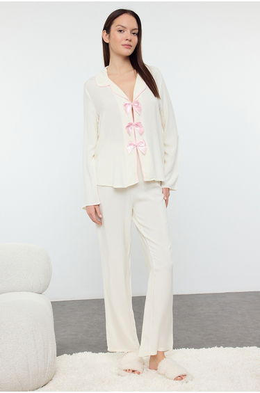 Ecru Plain Bow Viscose Woven Pajama Set