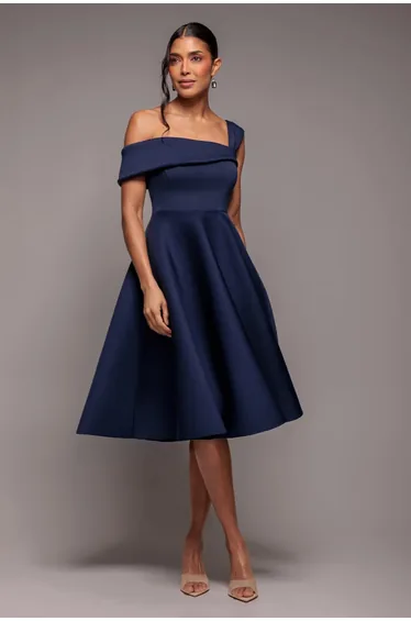 One Shoulder A Line Midi Dress - Navy Blue by Goddiva