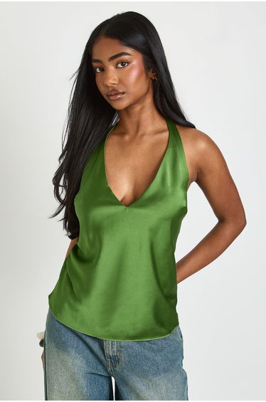 Halter Plunge Swing Cami Top - olive