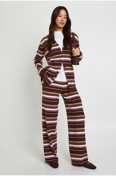 Tall Super Soft Rib Knitted Boyfriend Cardigan and Wide Leg Trouser Co-Ord - chocolate