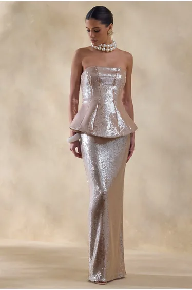 Dalisse | Nude Sequin Bandeau Corset Maxi Dress