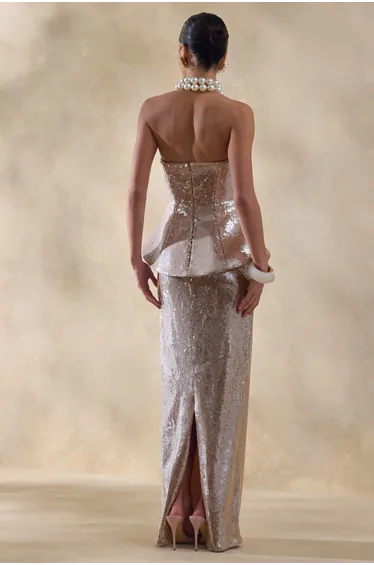 Dalisse | Nude Sequin Bandeau Corset Maxi Dress