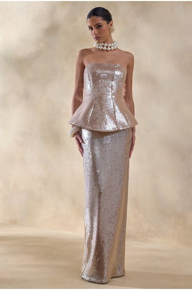 Dalisse | Nude Sequin Bandeau Corset Maxi Dress