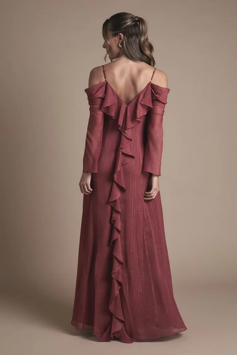 red cold shoulder ruffle detail maxi dress Nahanee - US 14 while the fishtail hem shape creates a stunning silhouette that moves with grace Lemon Cold Shoulder Flounce Dress