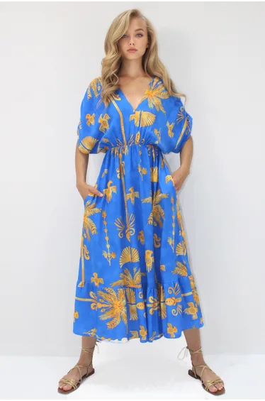 Women's Blue Front Back V Neck Patterned Flounce Skirt Summer Woven Dress