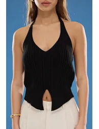 Black Halter Neck Slim Blouse - 2