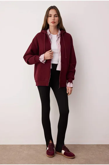 Burgundy Oversize/Relaxed Cut Zippered Thick Polar Fleece Knitted Sweatshirt