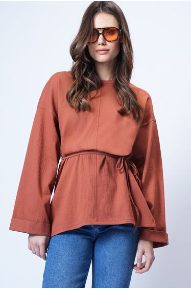 Women's Tile Crew Neck Double Cuffed Tie Detail Blouse