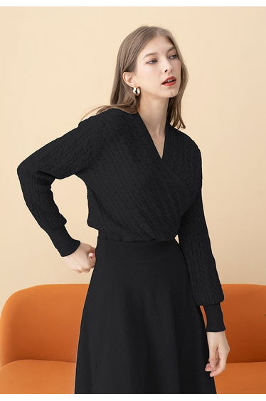 Cable Knit Wrap Front Crop Sweater in Black