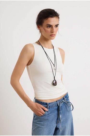 Ecru Regular Halter Neck Sleeveless Buckle 100% Cotton Knitted Undershirt