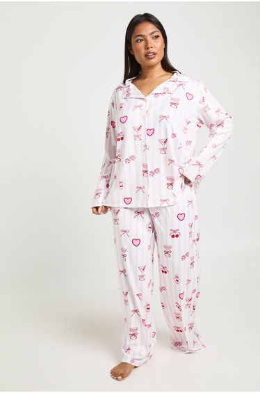 Plus Valentines Stripe Cocktails and Cherries Print Long Sleeve Shirt & Trouser Pyjama Set - pink
