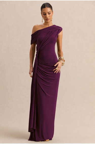 Avialee | Dark Plum Asymmetric-Neck Maxi Dress With Gathered-Detailing And Sash