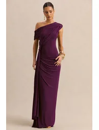 Avialee | Dark Plum Asymmetric-Neck Maxi Dress With Gathered-Detailing And Sash