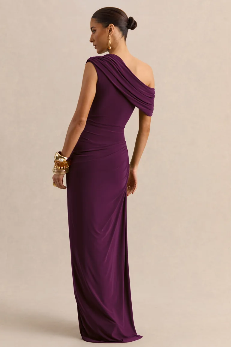 Avialee | Dark Plum Asymmetric-Neck Maxi Dress With Gathered-Detailing And Sash - 1
