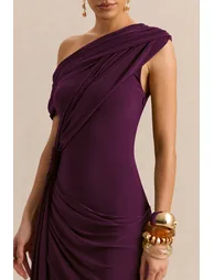 Avialee | Dark Plum Asymmetric-Neck Maxi Dress With Gathered-Detailing And Sash - 4