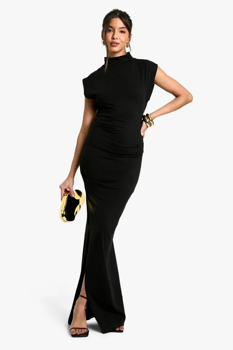 Ruched High Neck Maxi Dress