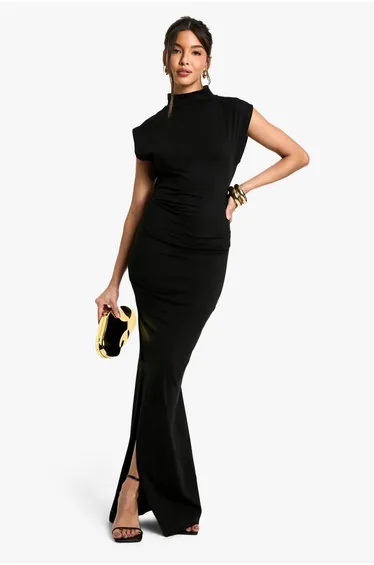 Ruched High Neck Maxi Dress