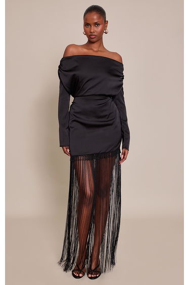 Black Satin Beaded Tassel Hem Detail Maxi Dress