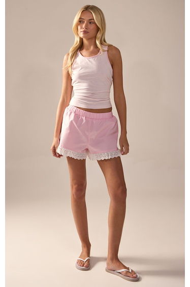Pink Contrast Broderie Trim Shorts