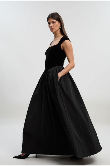 Velvet Bodice With Taffeta Drop Waist Maxi Dress