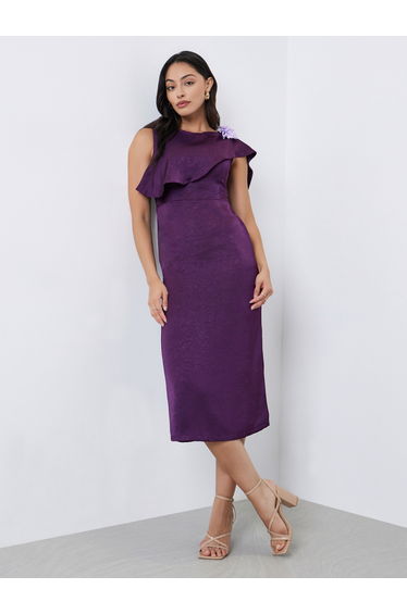 Purple Draped Midi Dress with Corsage Detail