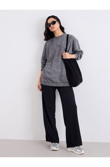 Charcoal Slogan Print Longline Sweatshirt