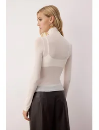Ecru Transparent Stand Collar Flexible Regular Length Knitted Blouse - 3