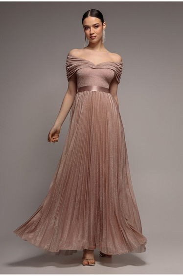 Goddiva Bardot Pleated Skirt Maxi Dress