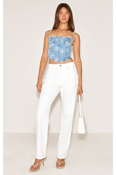 Light Blue Wash Floral Print Denim Corset Top