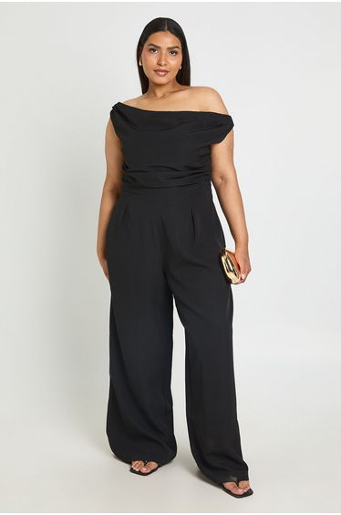 Plus Drape Bardot Wide Leg Jumpsuit - black