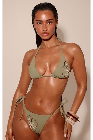 Olive Beaded Hibiscus Tie Side Bikini Bottoms