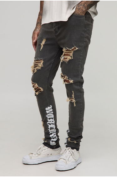 Tall Stacked Skinny Distressed Embroidered Gusset Jeans - mid grey