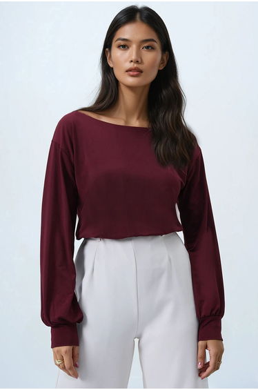 Women's Burgundy Boat Neck Sleeves Cuffed Blouse