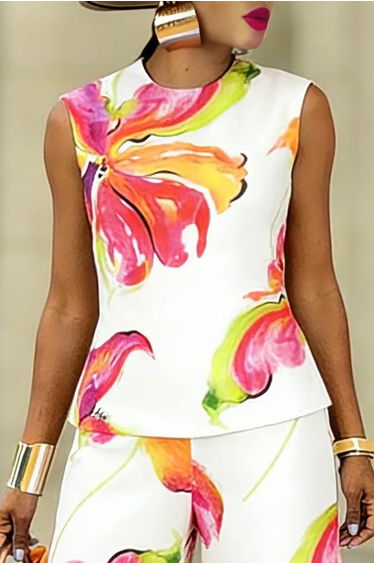 Loose Sleeveless Contrast Color Flower Print Round-Neck Tank