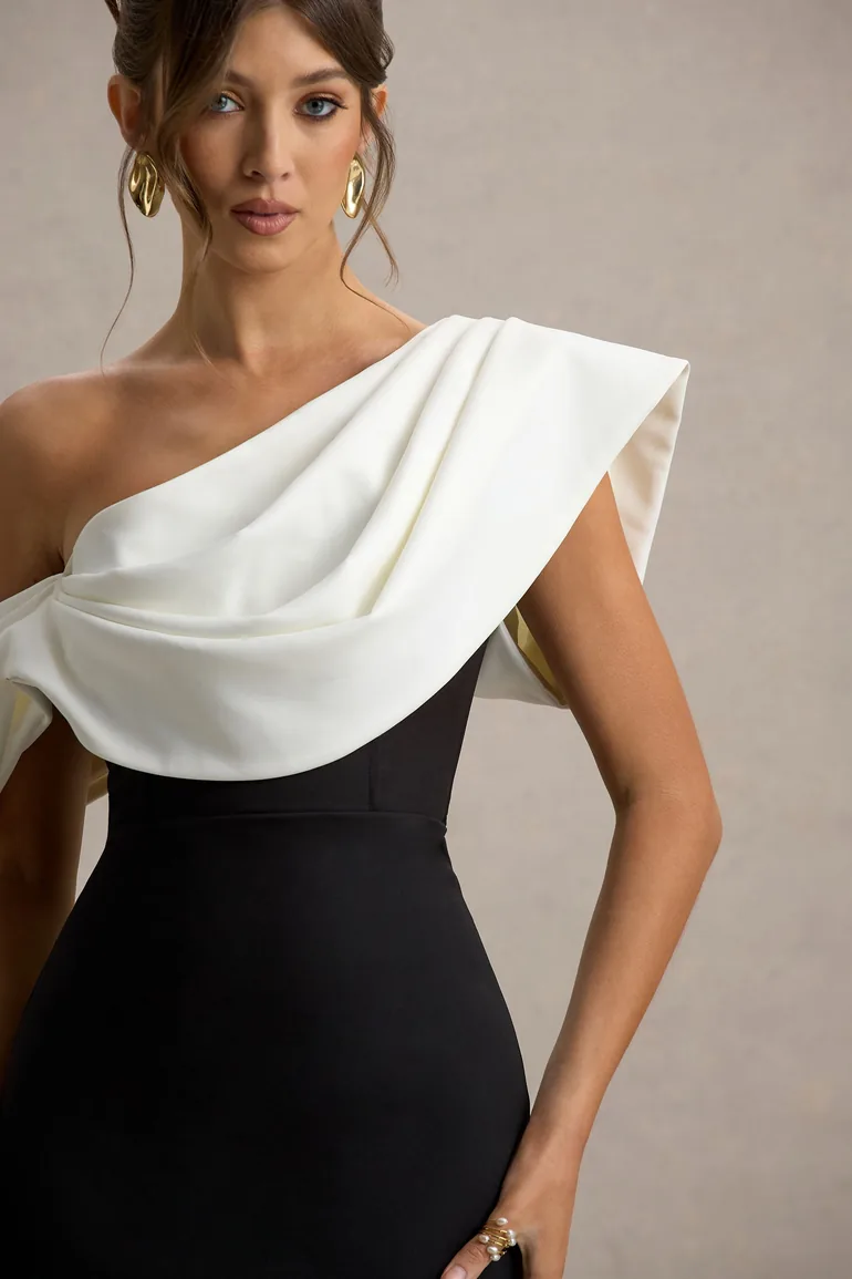 Angelina | Black & White Draped Shoulder Maxi Dress - 5
